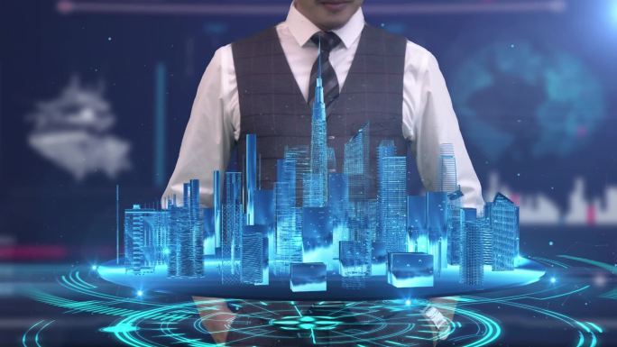 绿幕抠像商务人士看科技城市沙盘 VR全息