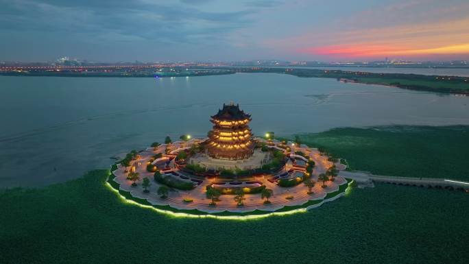 苏州园区阳澄湖半岛重元寺日落晚霞风景航拍