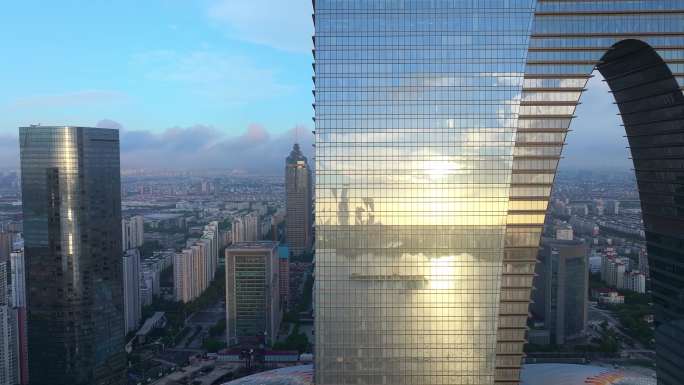 苏州工业园区夏天低空云清晨城市风景航拍