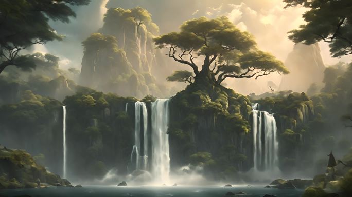自然风景树林瀑布逆光卡通动画
