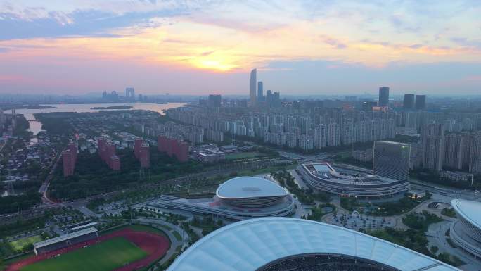 苏州园区斜塘奥体中心日落晚霞城市风景航拍