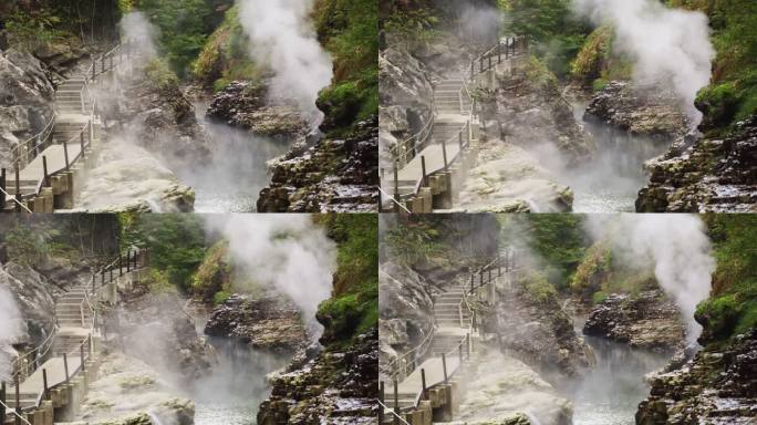 在日本秋田县的小水教温泉冒出的蒸汽