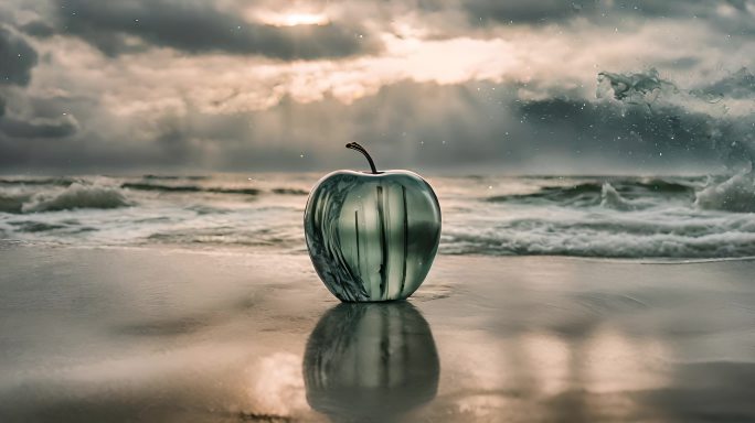 沙滩海滩上的透明水晶苹果