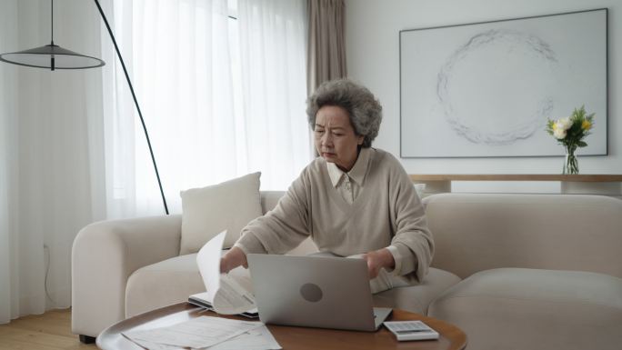 老年女子在家使用笔记本电脑