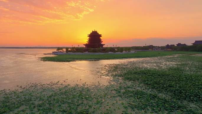 苏州园区阳澄湖半岛重元寺日落晚霞风景航拍