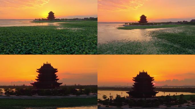 苏州园区阳澄湖半岛重元寺日落晚霞风景航拍