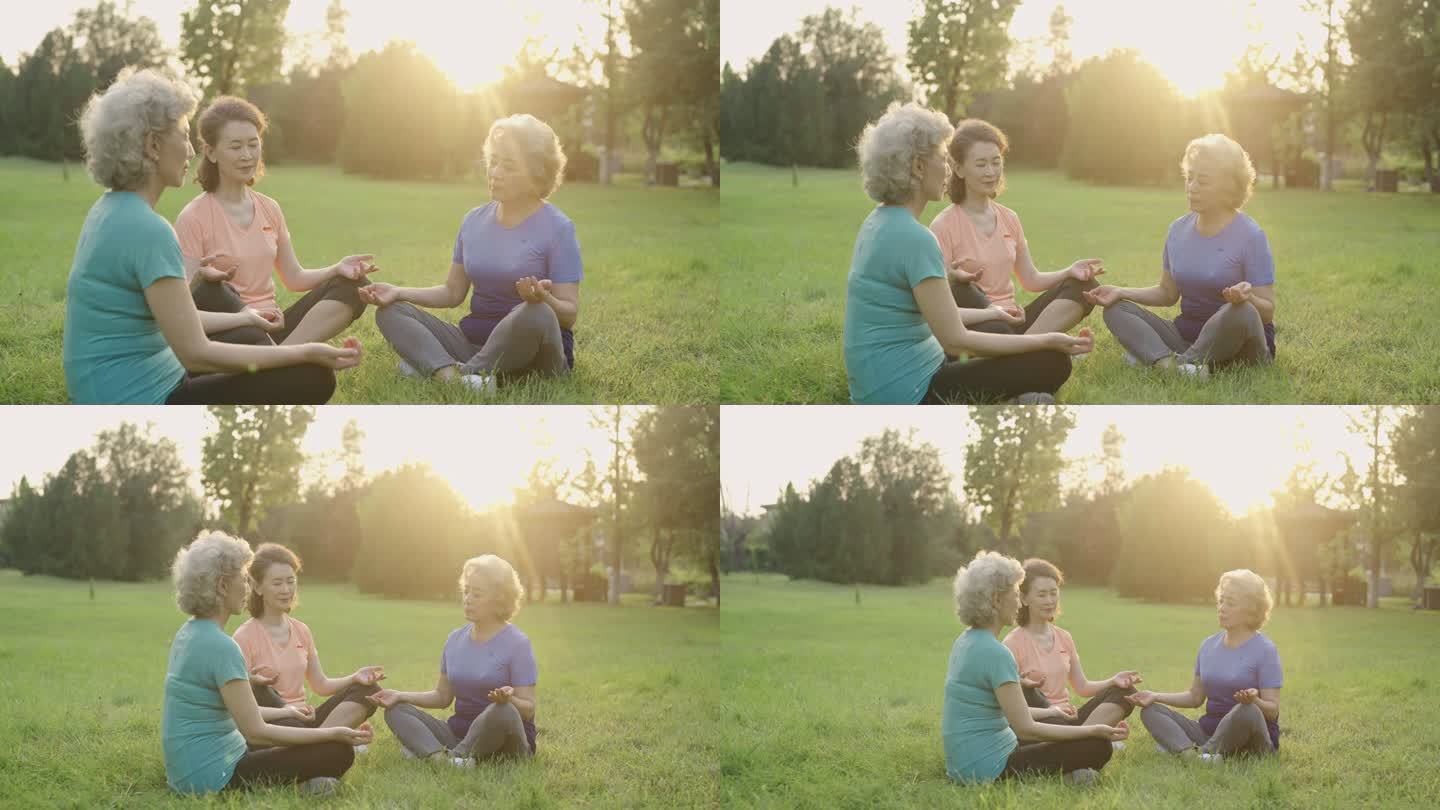 老年闺蜜在公园一起练瑜伽