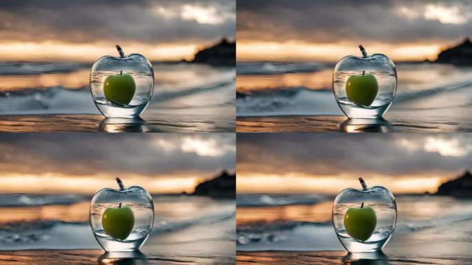 沙滩海滩上的透明水晶苹果