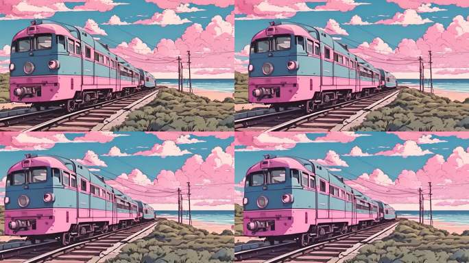 卡通动漫风格行驶粉色列车