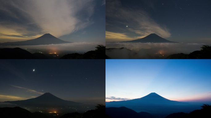 在夜间，从猪头山口拍摄的富士山的延时照片
