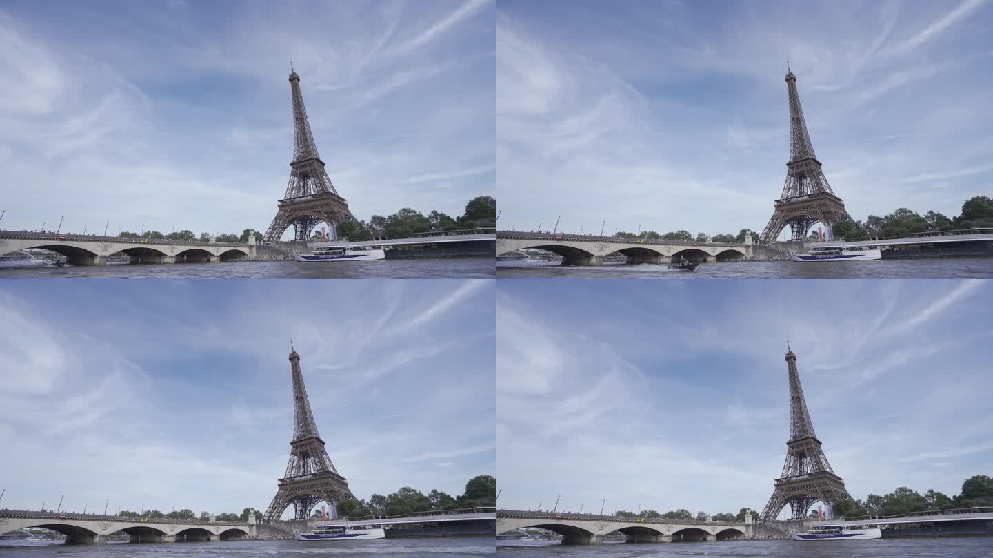 法国巴黎埃菲尔铁塔塞纳河游船轮船白云蓝天