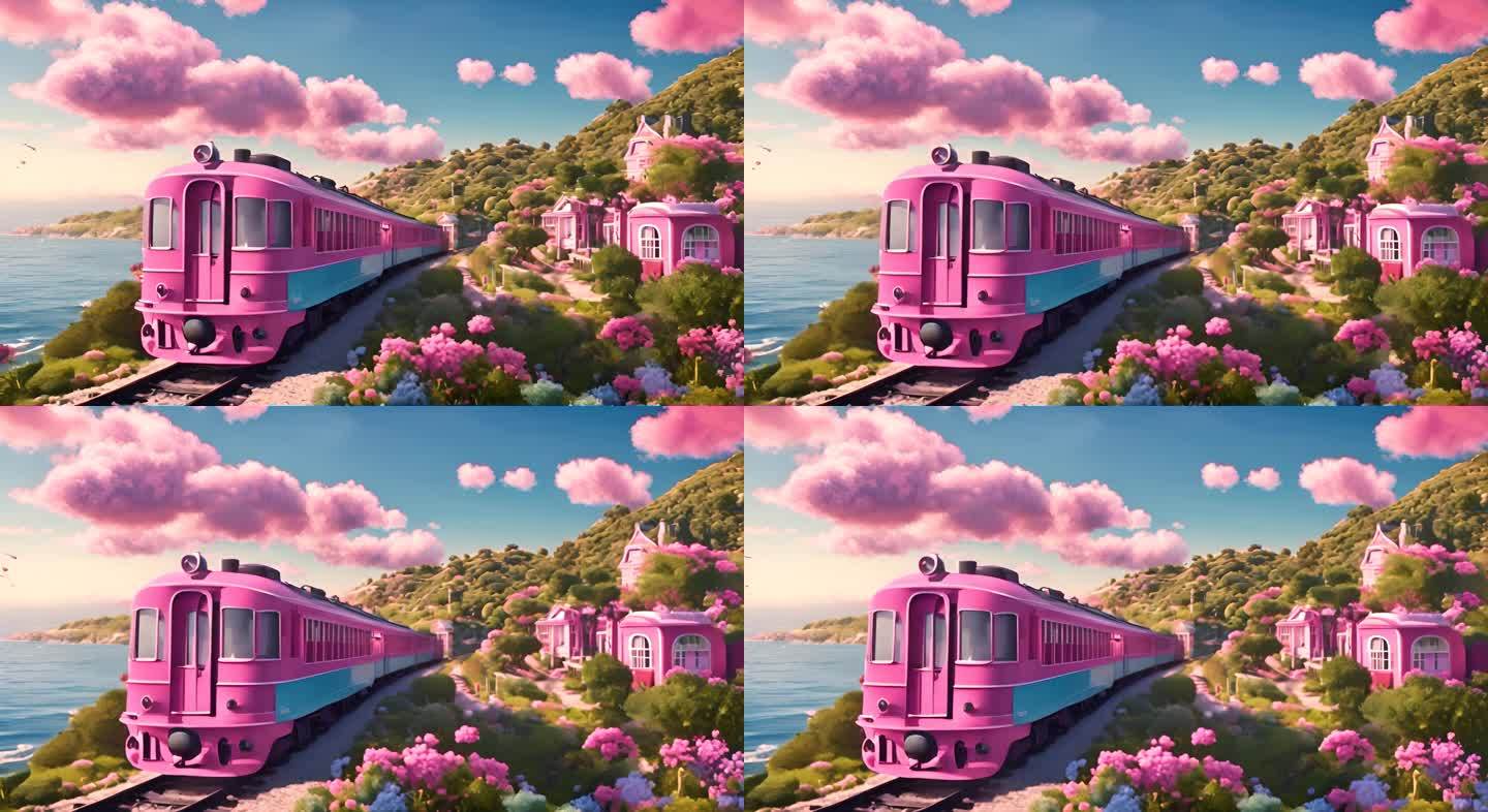 卡通动漫风格行驶粉色列车