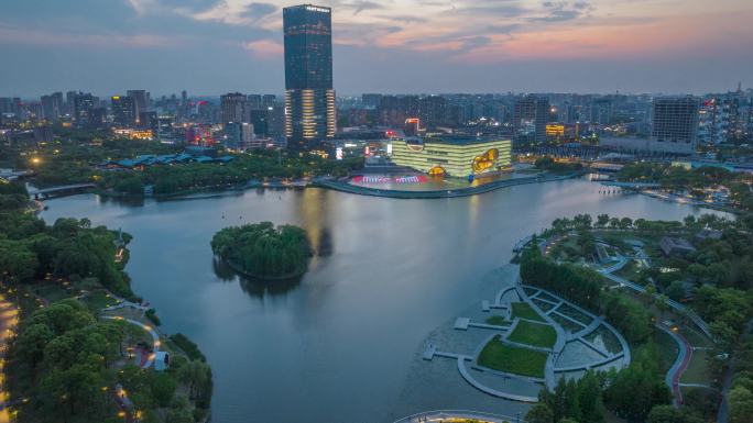 上海保利大剧院远香湖嘉定新城夜景航拍延时