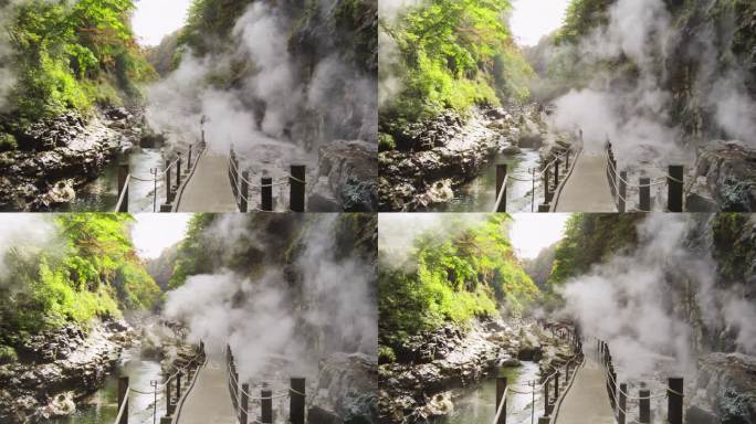 在日本秋田县的小水教温泉冒出的蒸汽