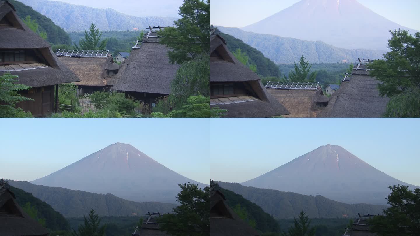 茅草屋顶的房子和日本富士山