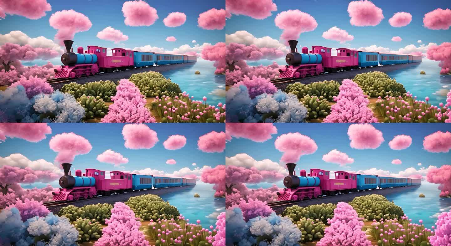 卡通风格行驶粉色列车