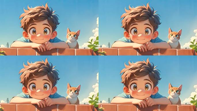 夏天阳台小男孩和他的小猫