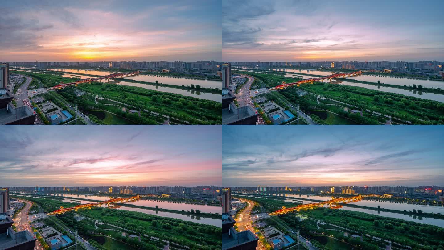 咸阳古渡廊桥渭河航拍延时