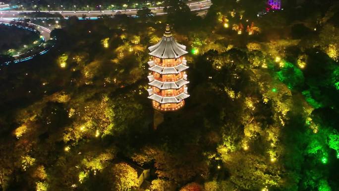 绍兴夜晚航拍蕺山公园蕺山亭夜景越城区浙江