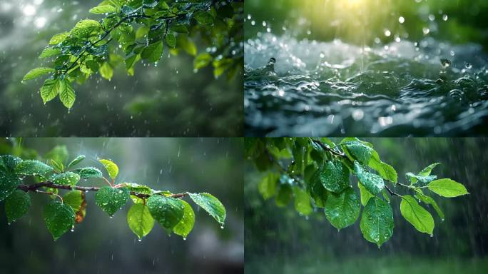 树叶子下雨天雨水水滴雨季ai素材原创户外