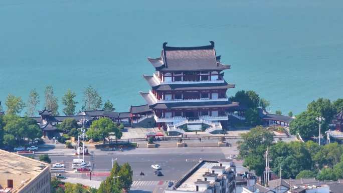 湖南长沙湘江杜甫江阁茶馆航拍城市地标风景