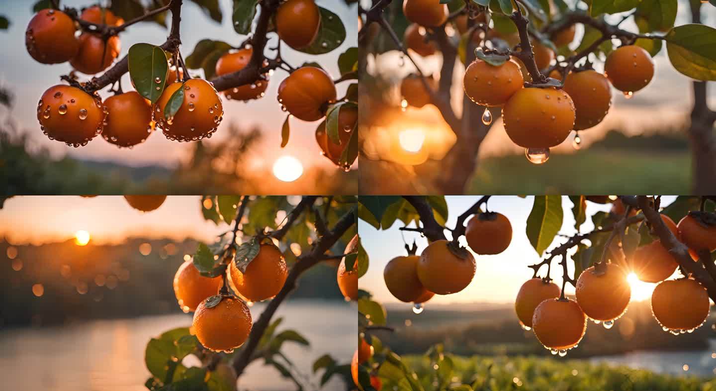夕阳下挂满露珠的成熟柿子
