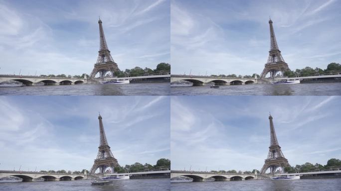 法国巴黎埃菲尔铁塔塞纳河游船轮船白云蓝天