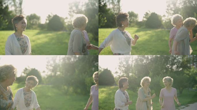 快乐的老年闺蜜在公园跳舞