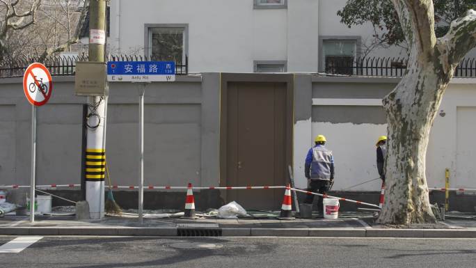 4K原创 上海正在道路施工的安福路