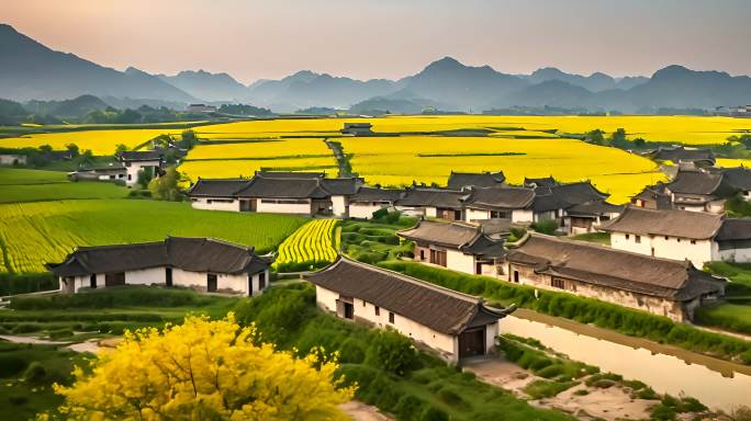 农村房屋油菜花田外景春季