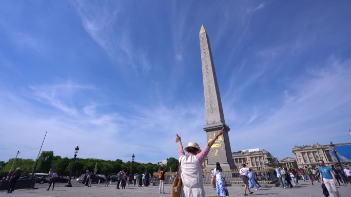 法国巴黎协和广场全景延时摄影建筑举手旅游