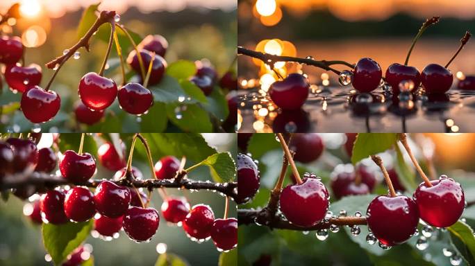 夕阳下挂满水珠的成熟樱桃