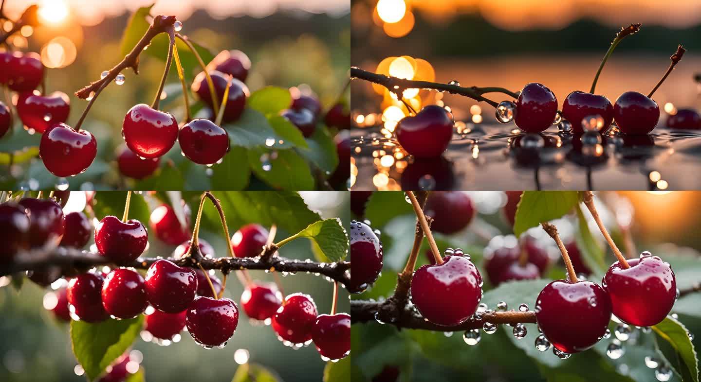 夕阳下挂满水珠的成熟樱桃