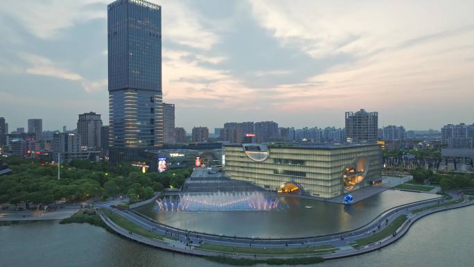 上海保利大剧院水景光影秀喷泉嘉定新城航拍