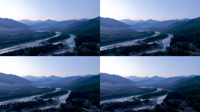 成都都江堰离堆公园千年水利工程夜景航拍