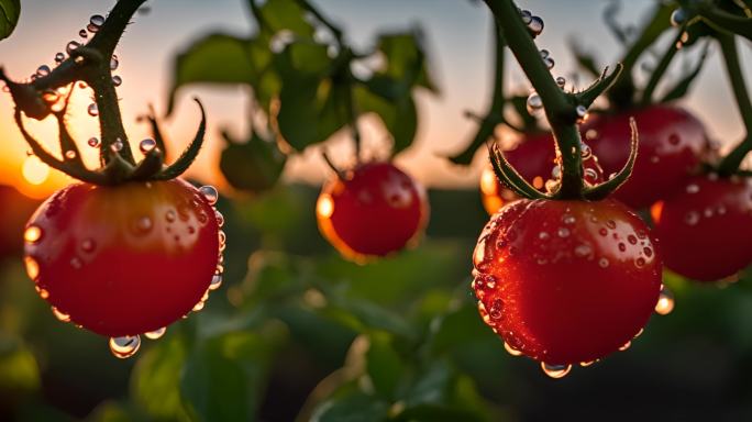 夕阳下挂满水珠的成熟西红柿