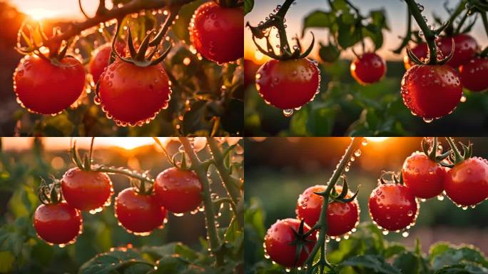 夕阳下挂满水珠的成熟西红柿