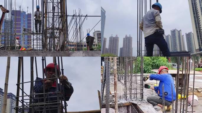 工人钢筋立柱立柱钢筋粗钢筋钢筋混凝土立柱