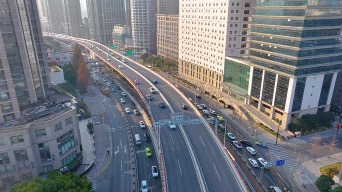 上海黄浦区人民路延安东路航拍马路道路车流