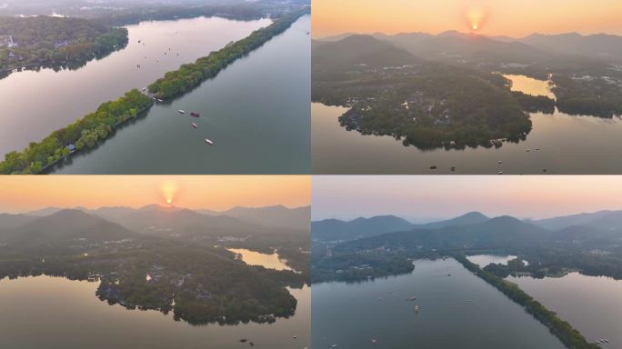 唯美夕阳西下杭州西湖苏堤航拍美景大自然风