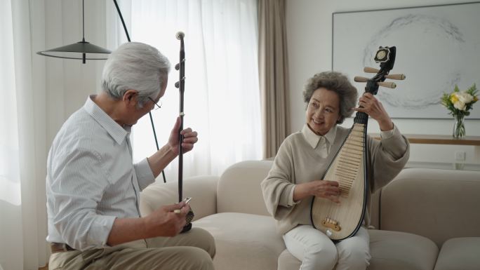 老年夫妇在家演奏传统乐器