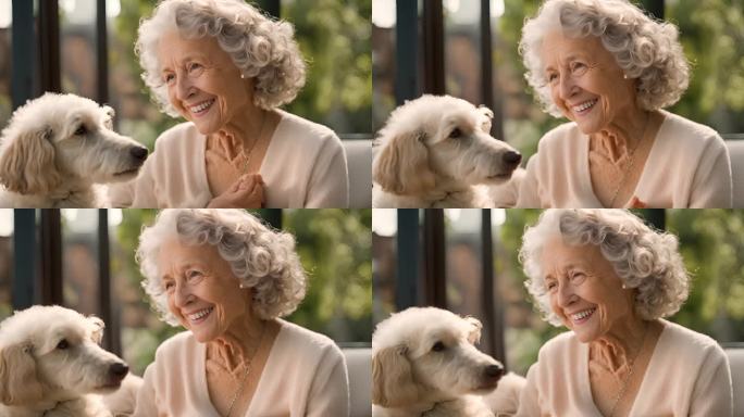 微笑的高级妇女抱着一只狗