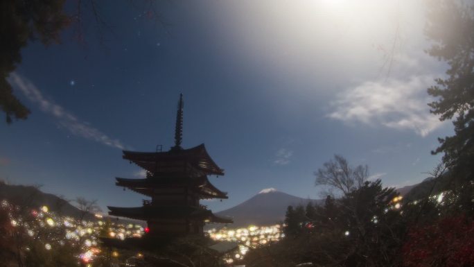 夜间从荒仓山拍摄的富士山延时照片