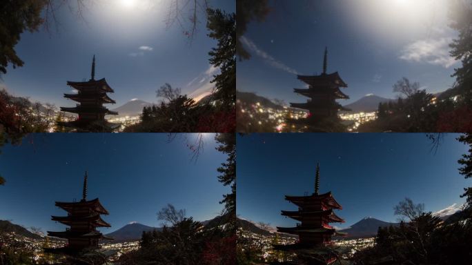 夜间从荒仓山拍摄的富士山延时照片