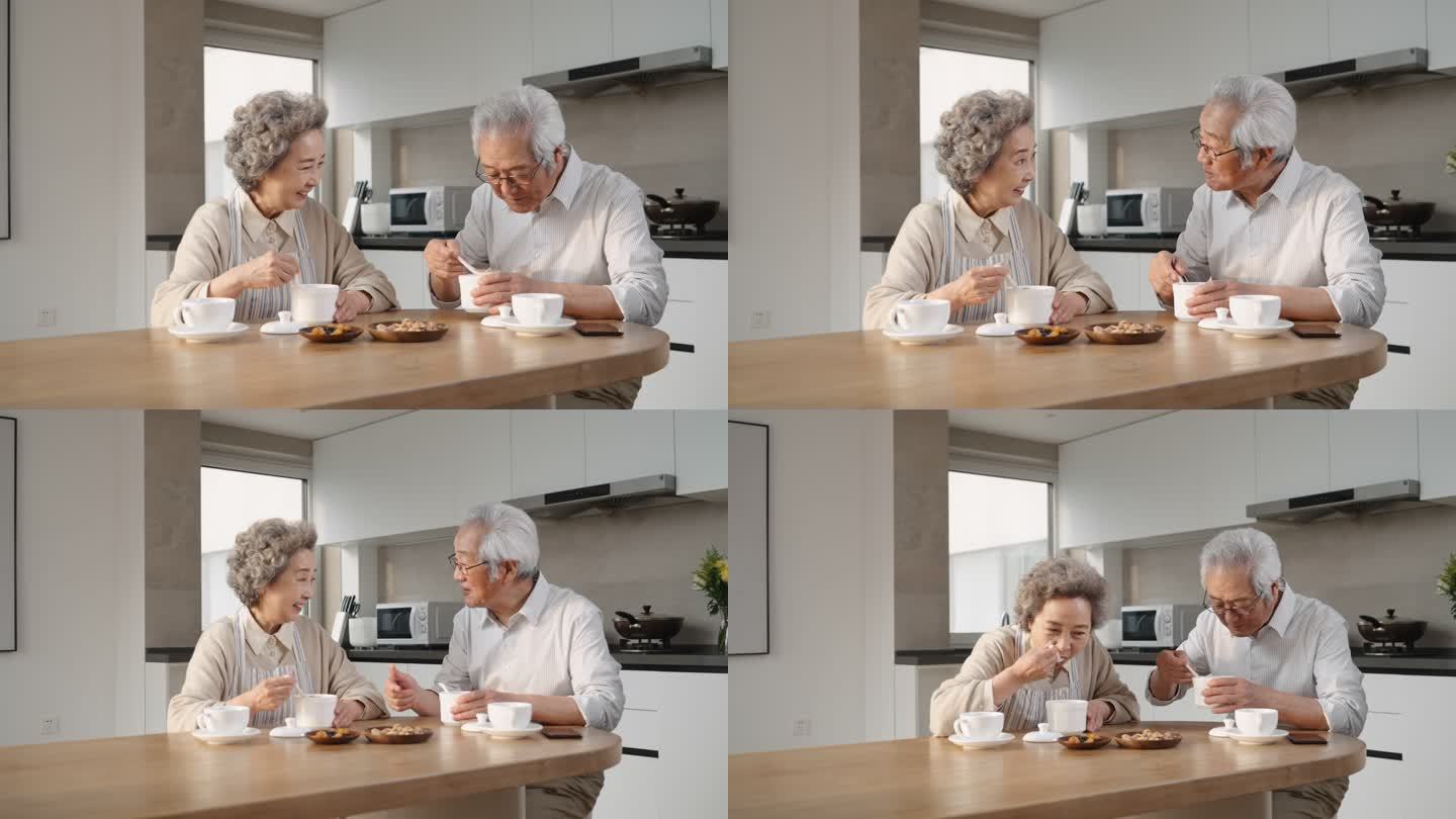 快乐的老年夫妇吃早餐