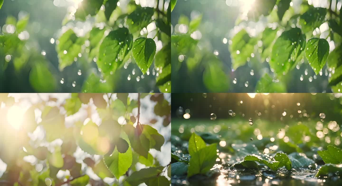 雨中绿叶树叶唯美
