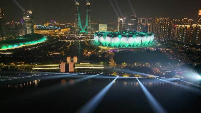 杭州奥体中心杭州之门灯光秀夜晚夜景航拍亚