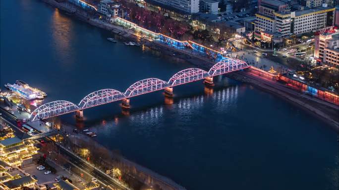 甘肃省兰州城市中山桥夜景航拍