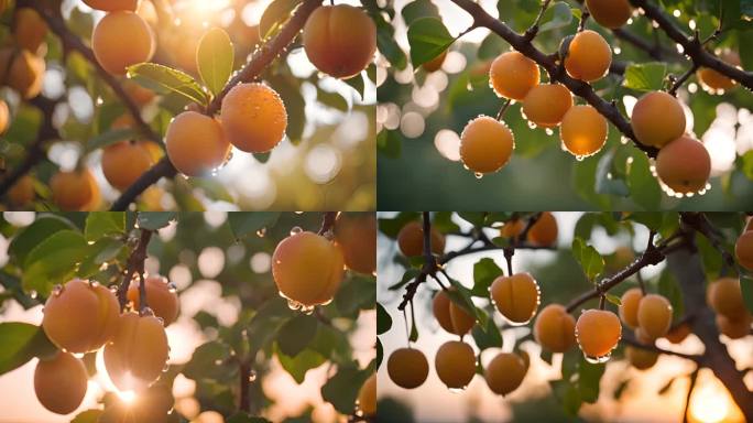夕阳下树上成熟的杏儿