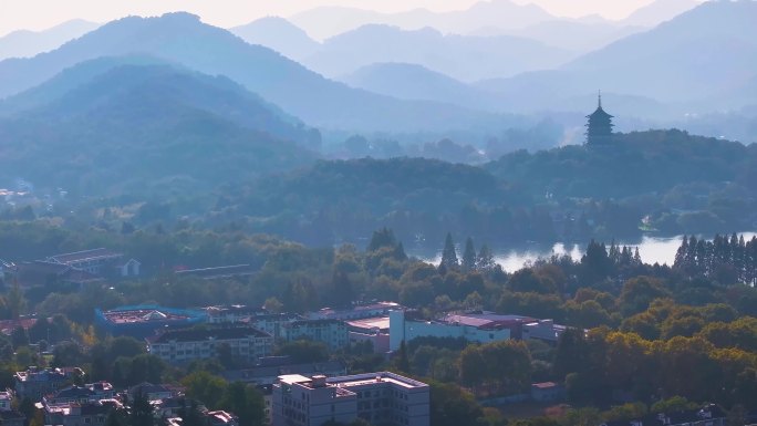 西湖雷峰塔景区大自然风光群山航拍杭州风景